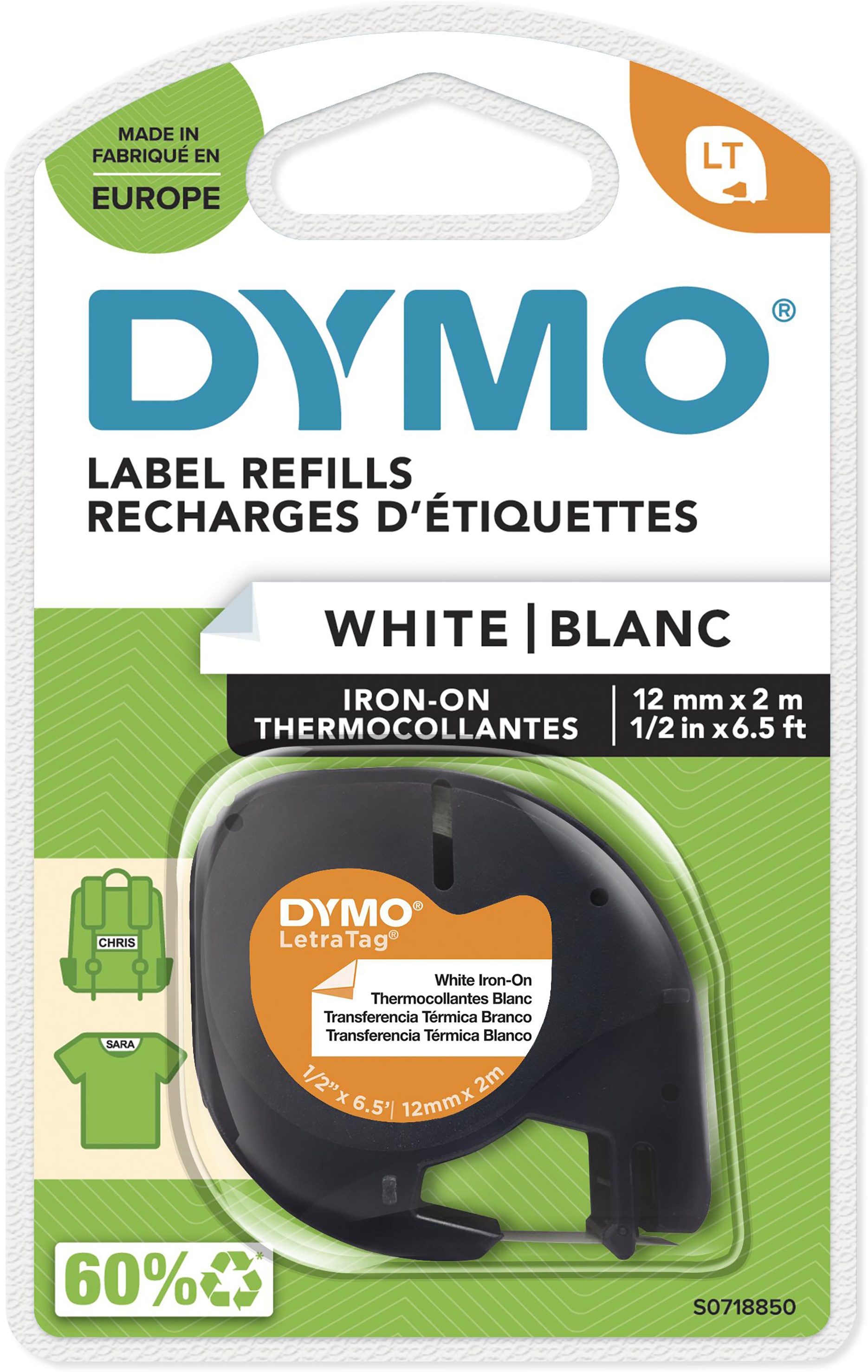 Dymo Schriftband LetraTag 18768 | 12 mm | Schwarz auf Weiß | 2 m