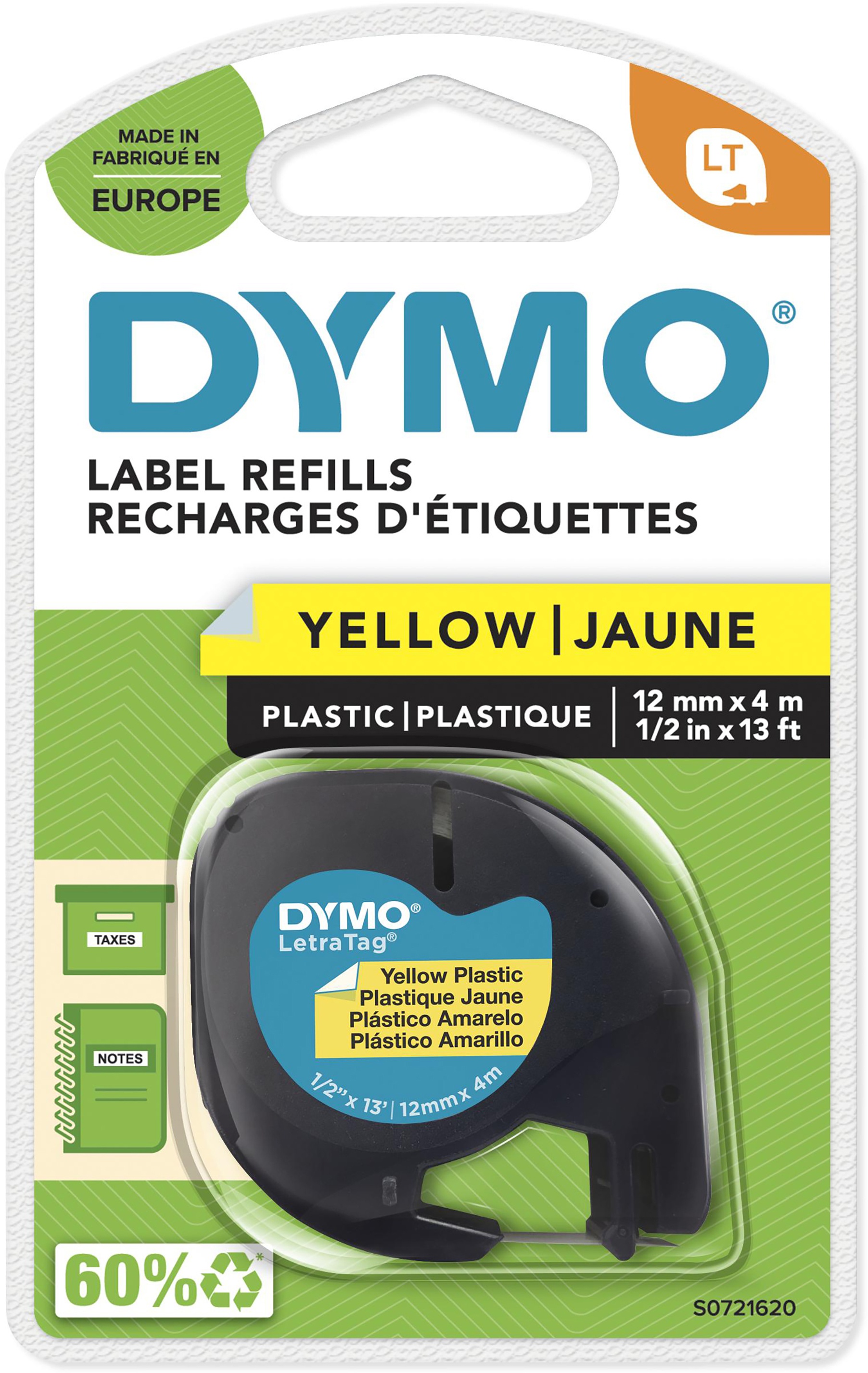 Dymo Schriftband LetraTag 91222 | 12 mm | Schwarz auf Gelb | 4 m