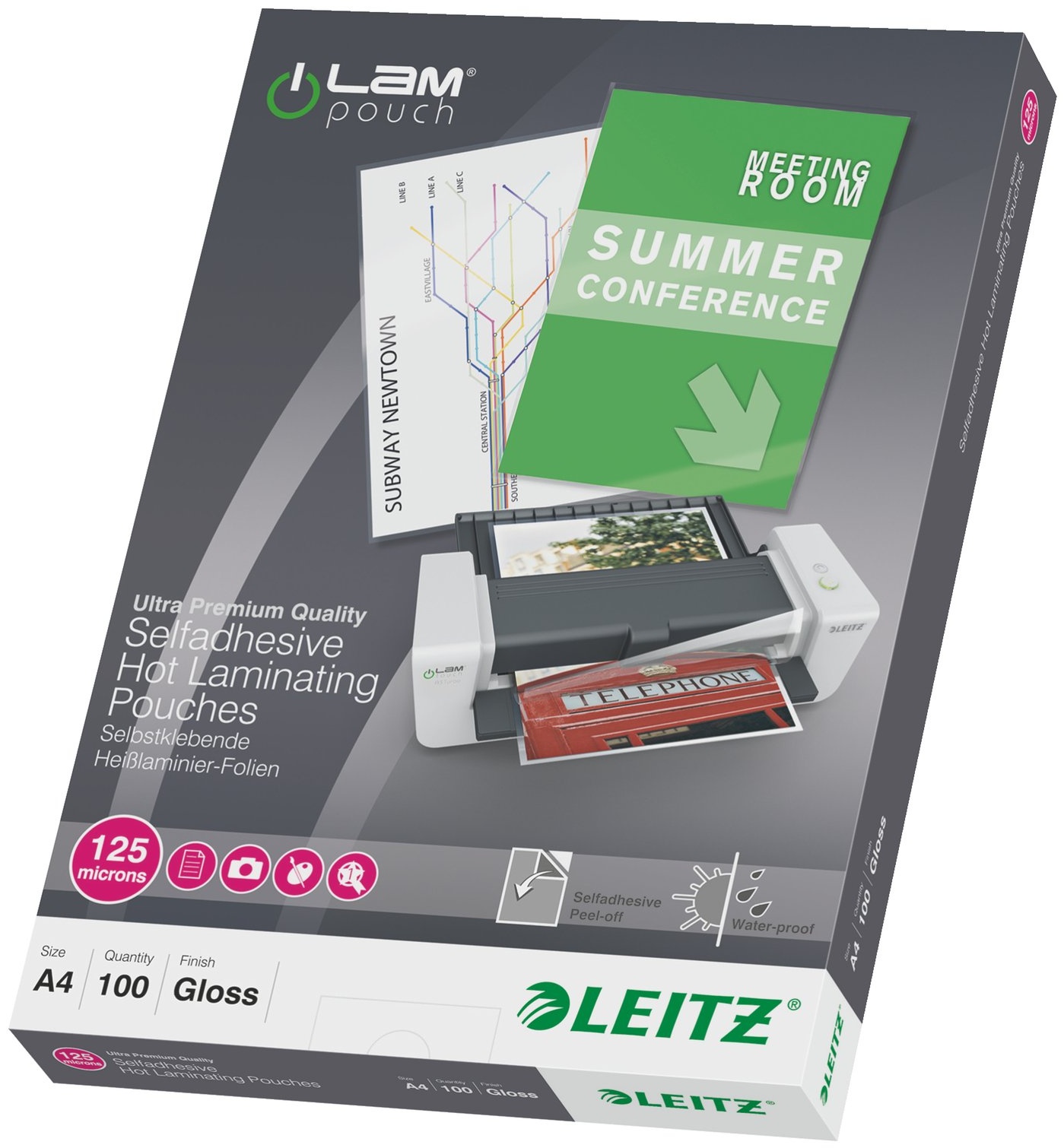 Leitz Laminierfolien A4 | 125 µm | glänzend | 100 Stück | selbstklebend