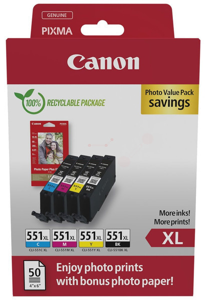 Canon CLI-551 XL C/M/Y/BK  schwarz, cyan, magenta, gelb Druckerpatronen + Fotopapier