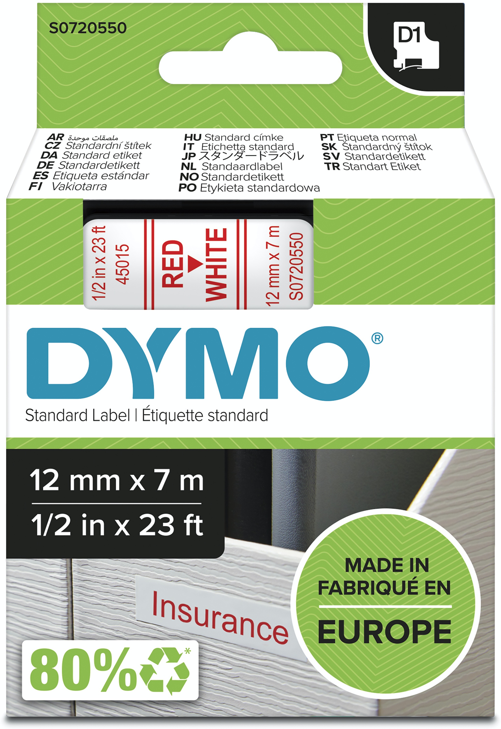 Dymo Schriftband D1 45015 | 12 mm | Rot auf Weiß | 7 m