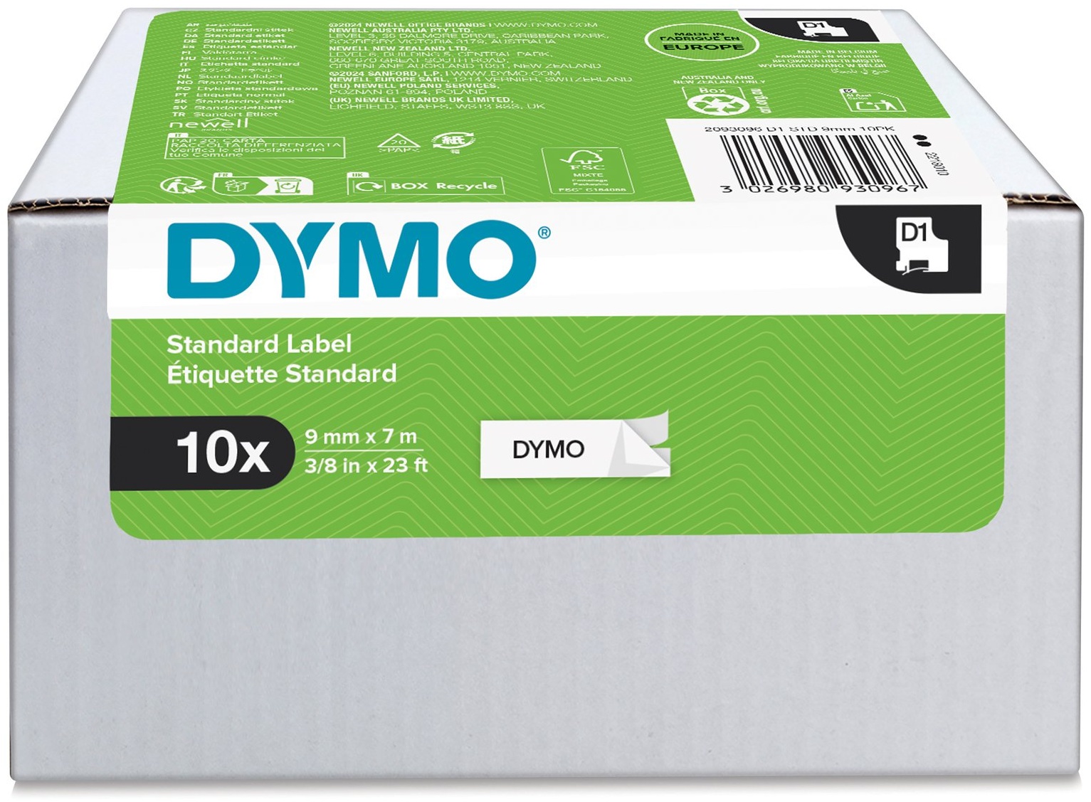 Dymo Schriftband D1 41913 (10 St.) | 9 mm | Schwarz auf Weiß | 7 m