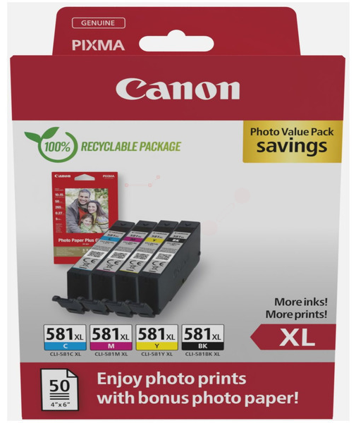 Original Canon 2052C004 | CLI581 XL BK/C/M/Y Tinte Spar Set XL ( 4 Farben + Fotopapier )