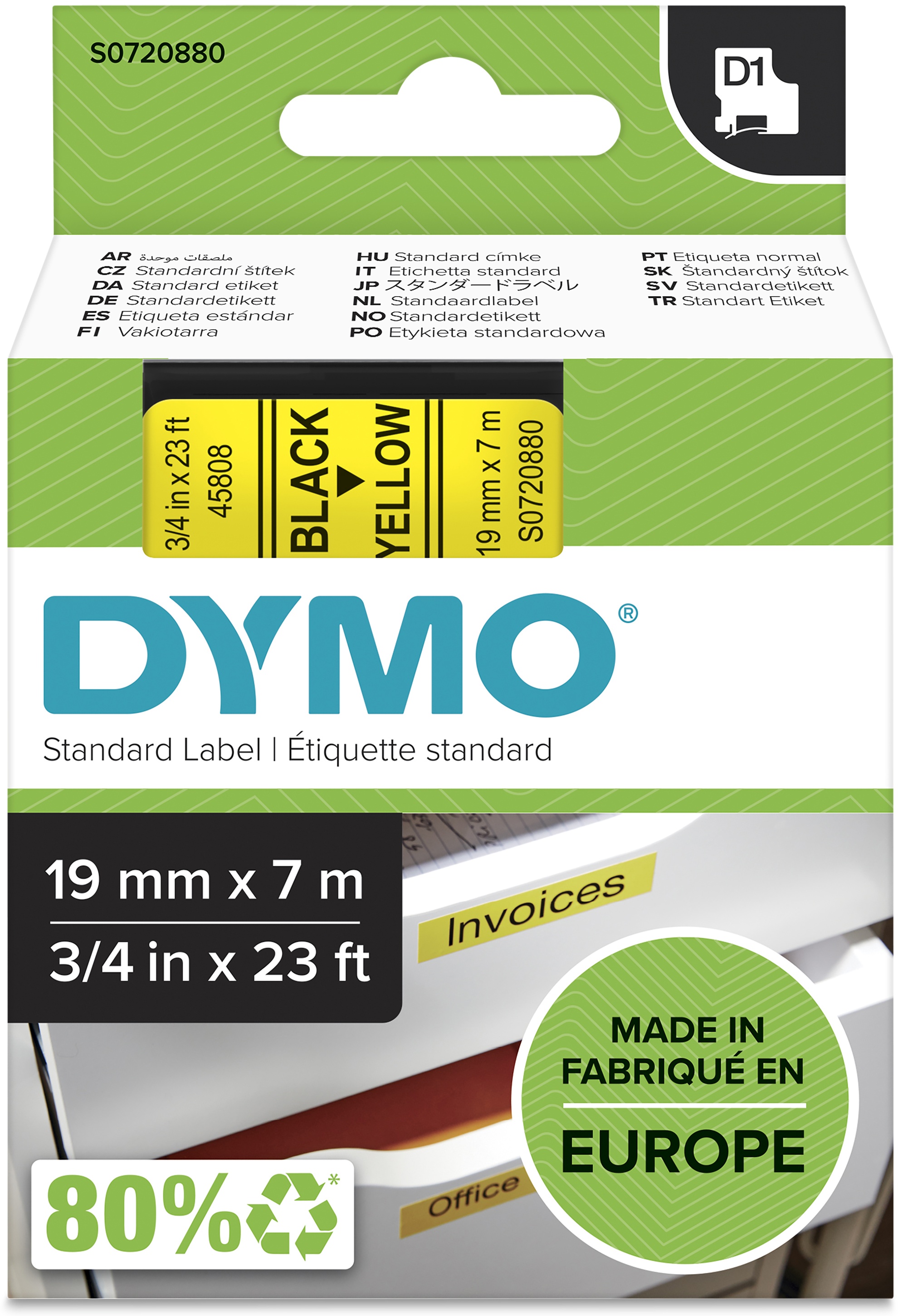 Dymo Schriftband D1 S0720880 | 19 mm | Schwarz auf Gelb | 7 m