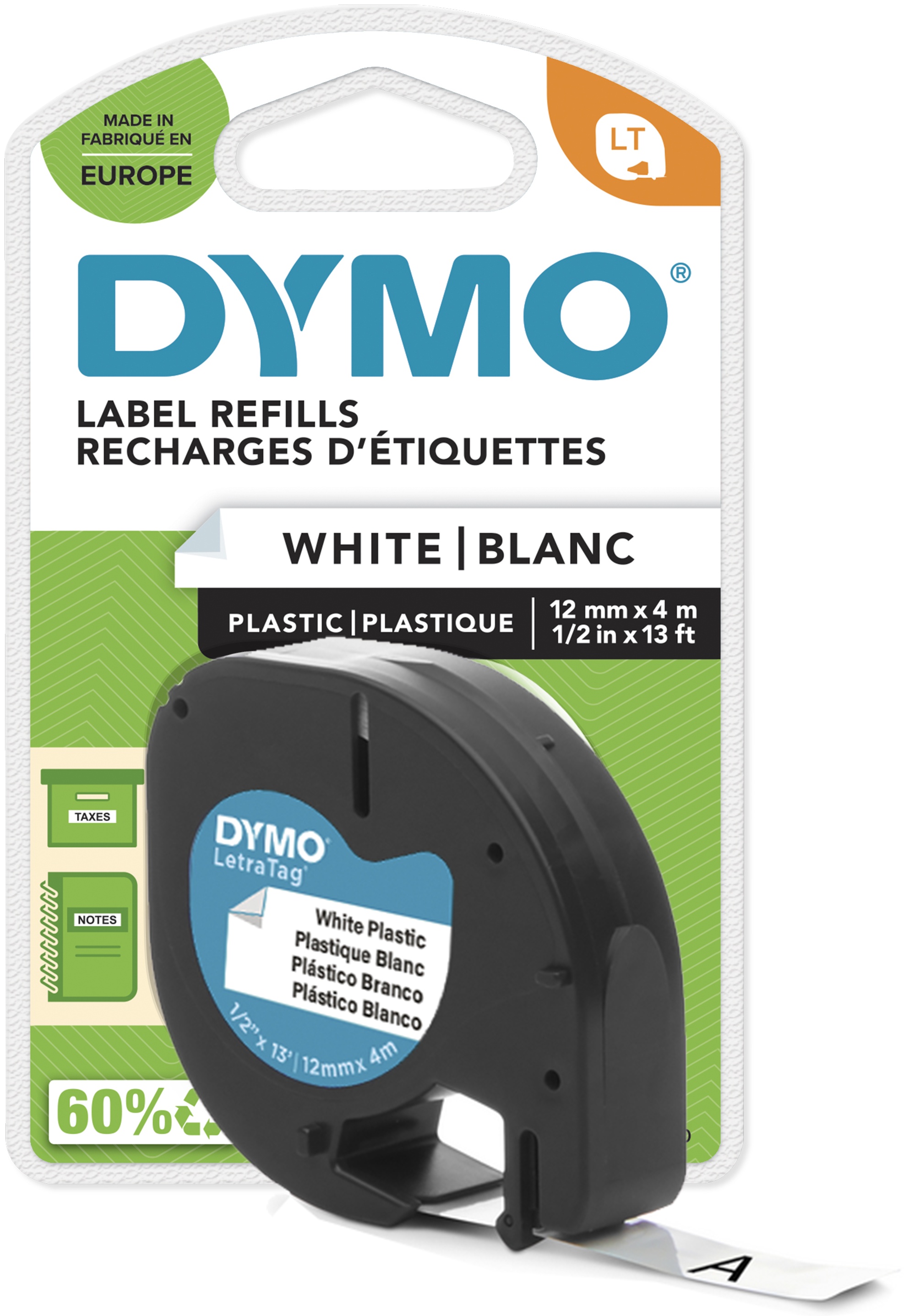 Dymo Schriftband LetraTag 91221 | 12 mm | Schwarz auf Weiß | 4 m