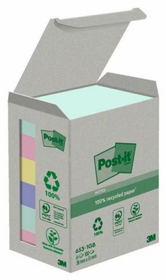 Post-it® Haftnotizen Recycling Notes Rainbow | Blau, Grün, Pink, Gelb | 100 Blatt/Block | 6er-Pack