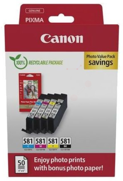 Canon CLI-581 BK/C/M/Y  schwarz, cyan, magenta, gelb Druckerpatronen + Fotopapier, 4er-Set