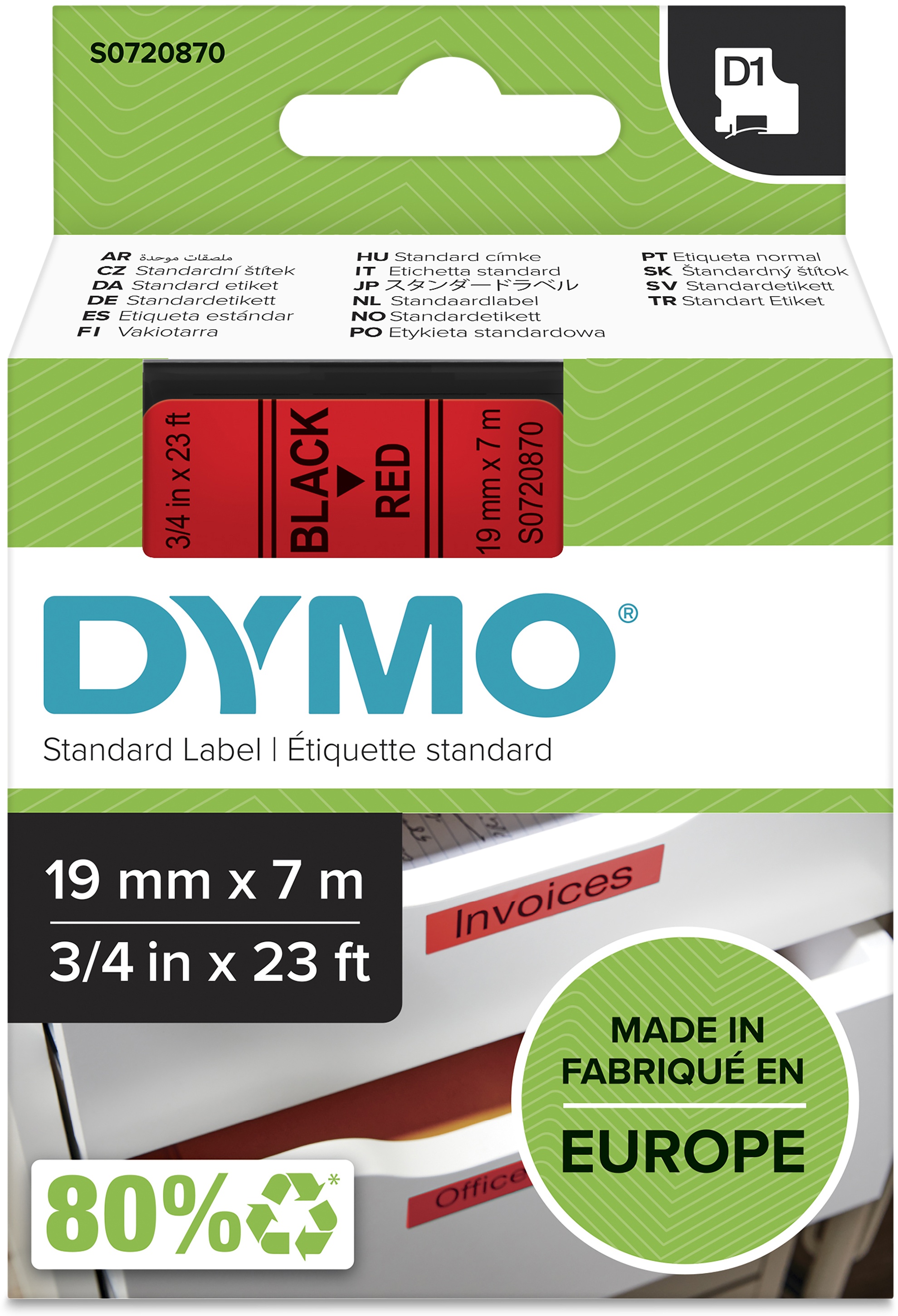 Dymo Schriftband D1 S0720870 | 19 mm | Schwarz auf Rot | 7 m
