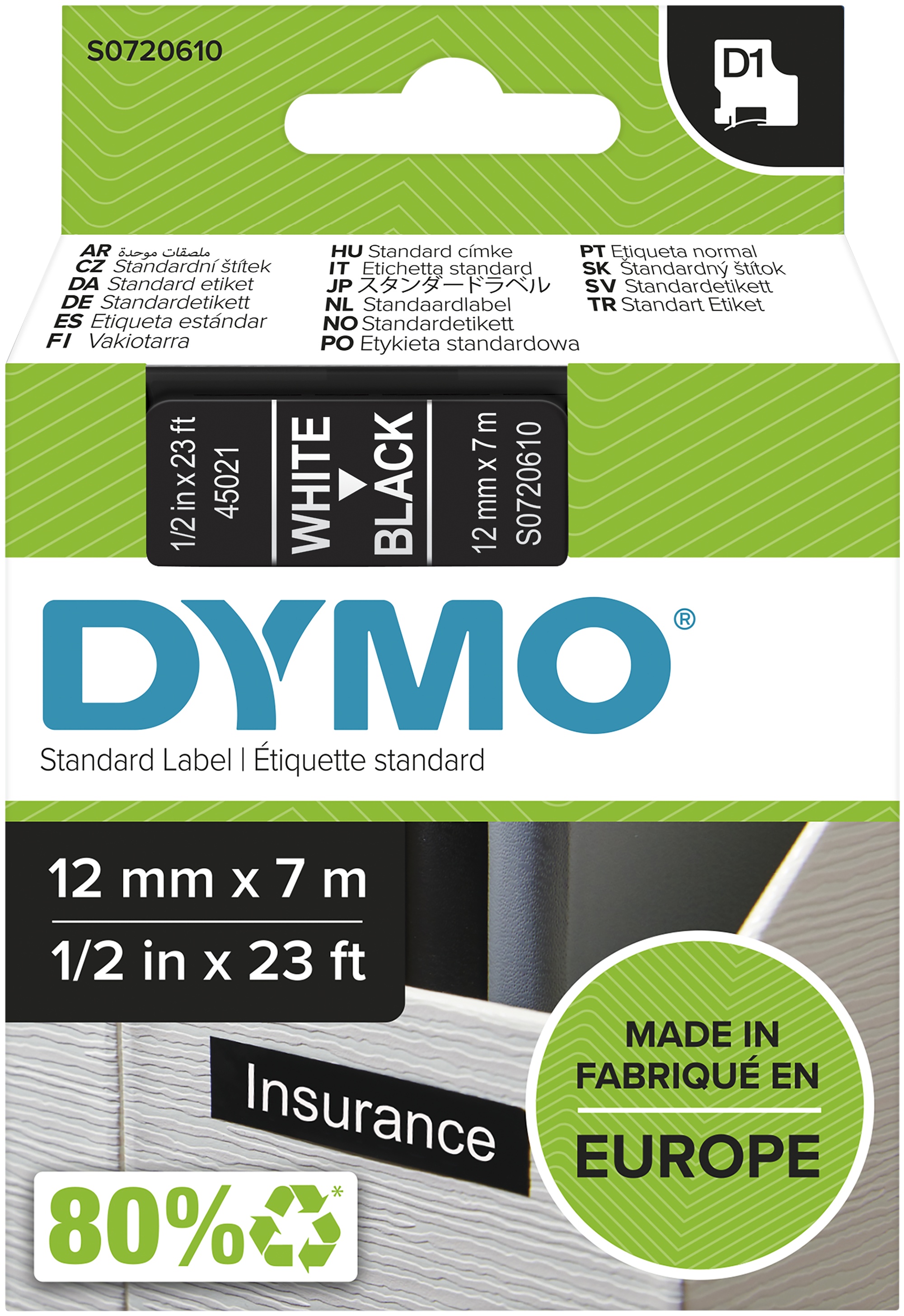 Dymo Schriftband D1 S0720610 | 12 mm | Weiß auf Schwarz | 7 m