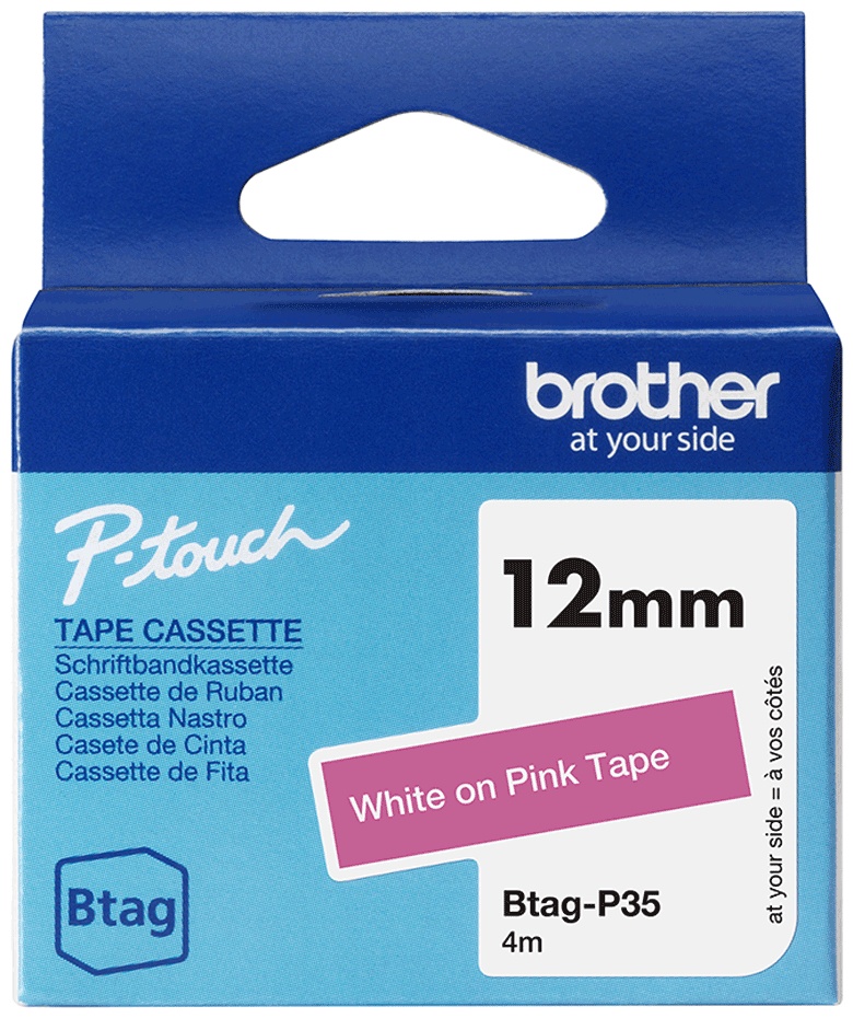 Brother Schriftband Btag BTAGP35 | 12 mm | Weiß auf Pink | 4 m
