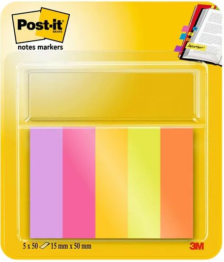 Post-it® Haftnotizen Page Marker Energetic Haftmarker farbsortiert 5x 50 Streifen | Grün, Orange, Pink, Violett, Gelb | 50 Blatt/Block