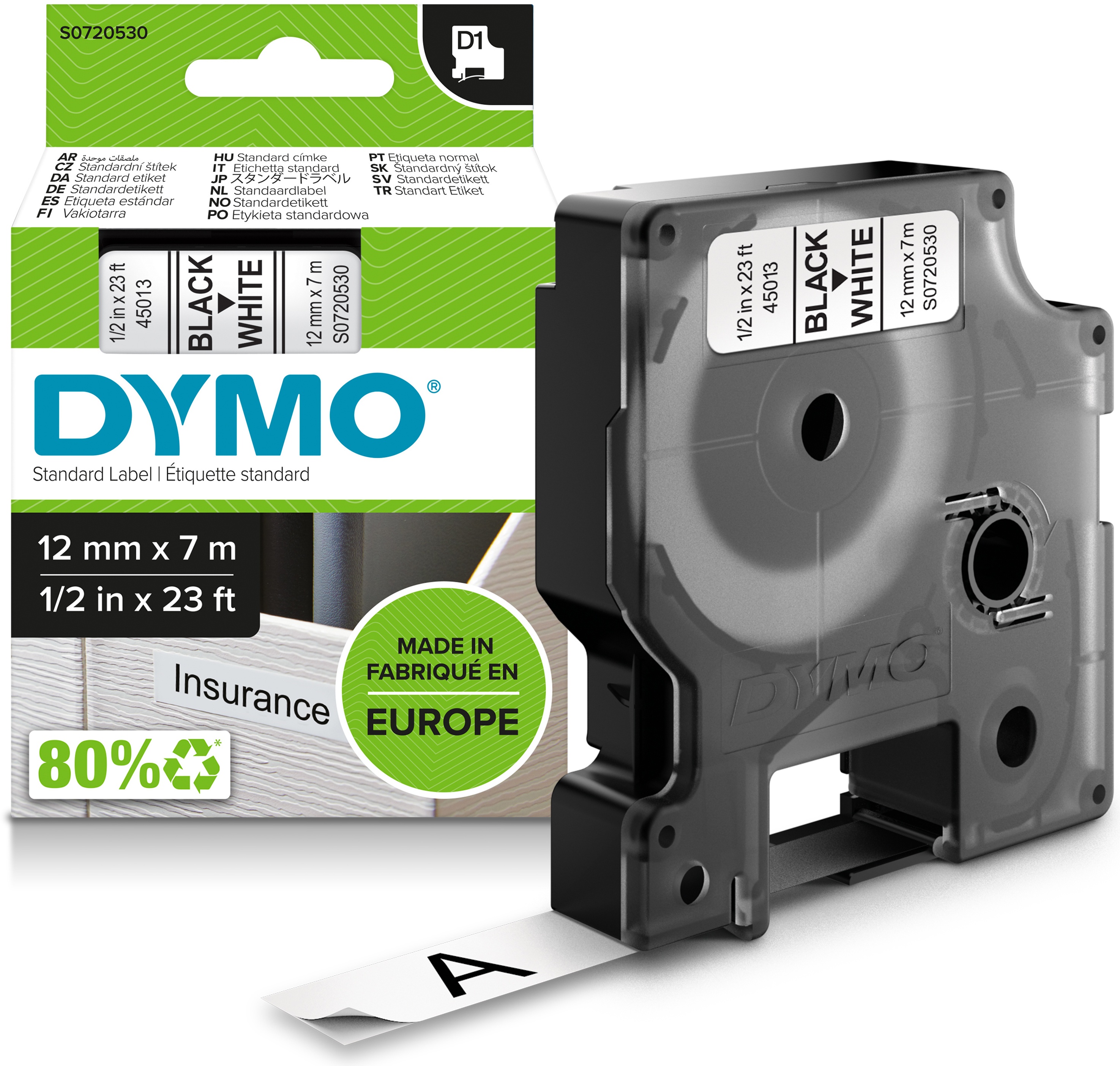 Dymo Schriftband D1 45013 | 12 mm | Schwarz auf Weiß | 7 m
