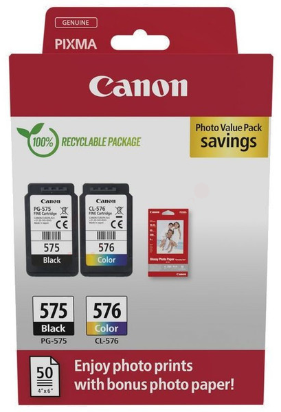 Canon PG-575/CL-576  schwarz, color Druckköpfe + Fotopapier, 2er-Set