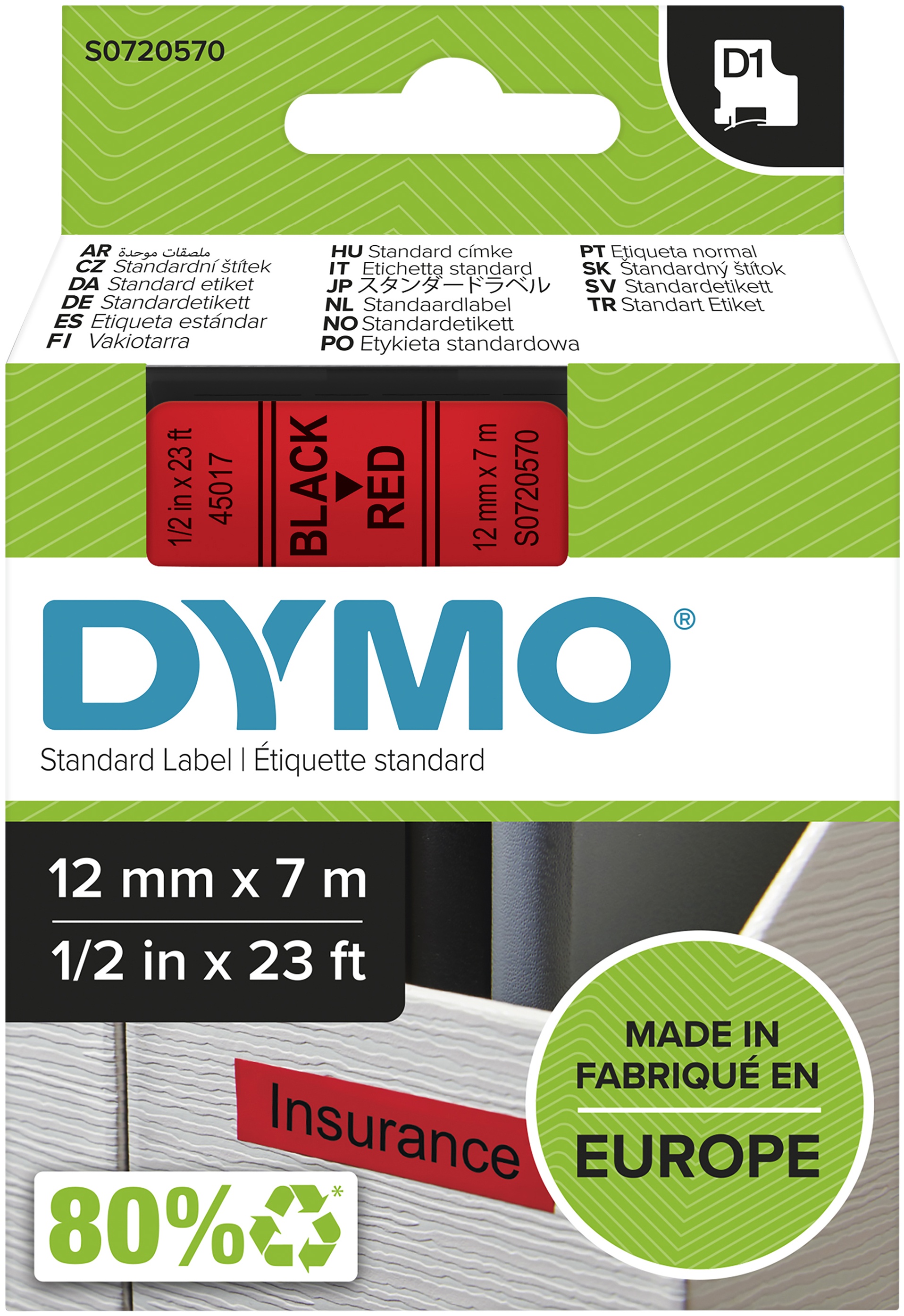 Dymo Schriftband D1 45017 | 12 mm | Schwarz auf Rot | 7 m