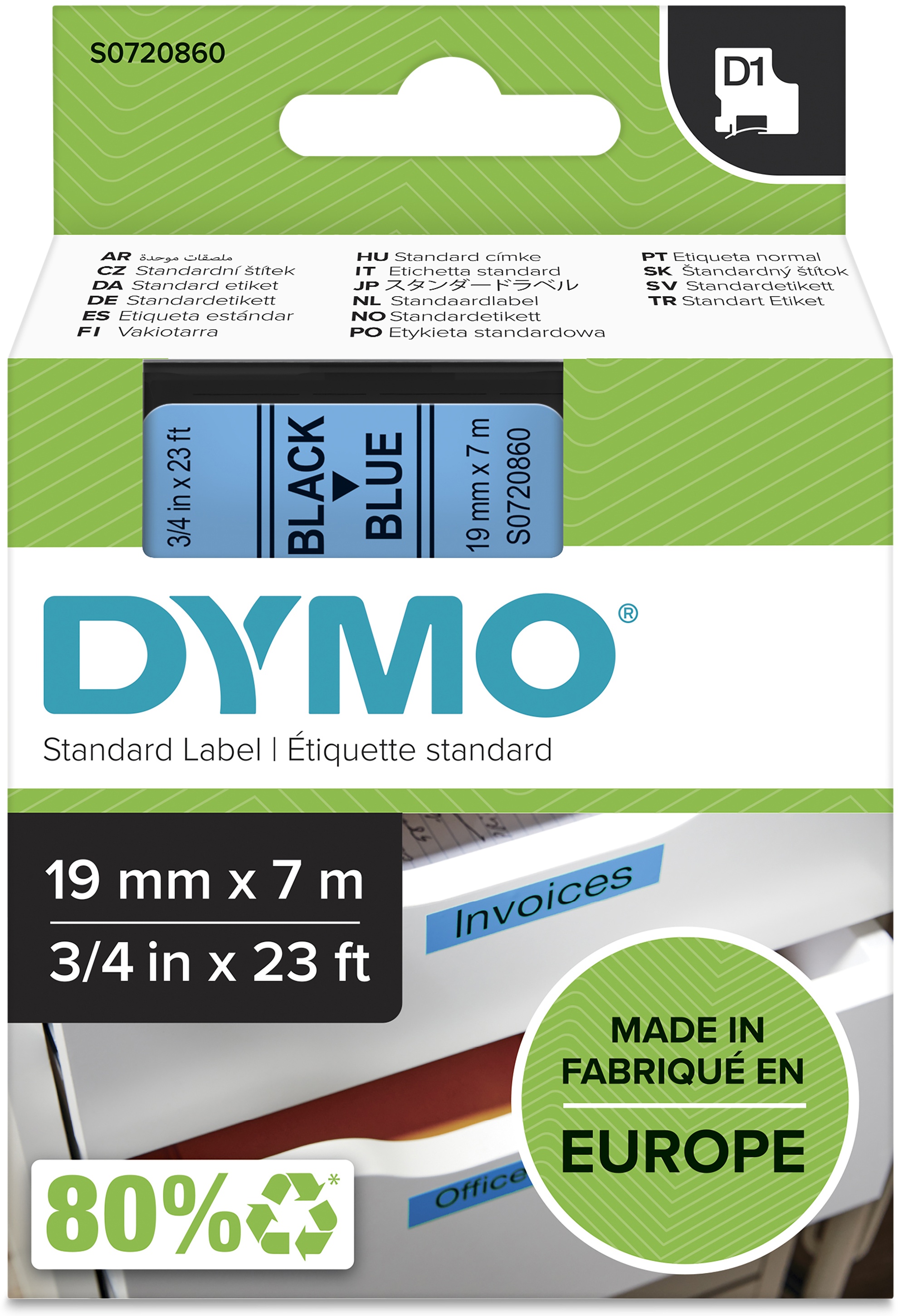 Dymo Schriftband D1 S0720860 | 19 mm | Schwarz auf Blau | 7 m