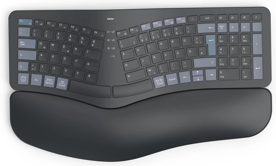 Hama WK-900 Ergonomische Tastatur | Funk + Bluetooth | QWERTZ (DE) | mit Ziffernblock | beleuchtet | Akku | Schwarz