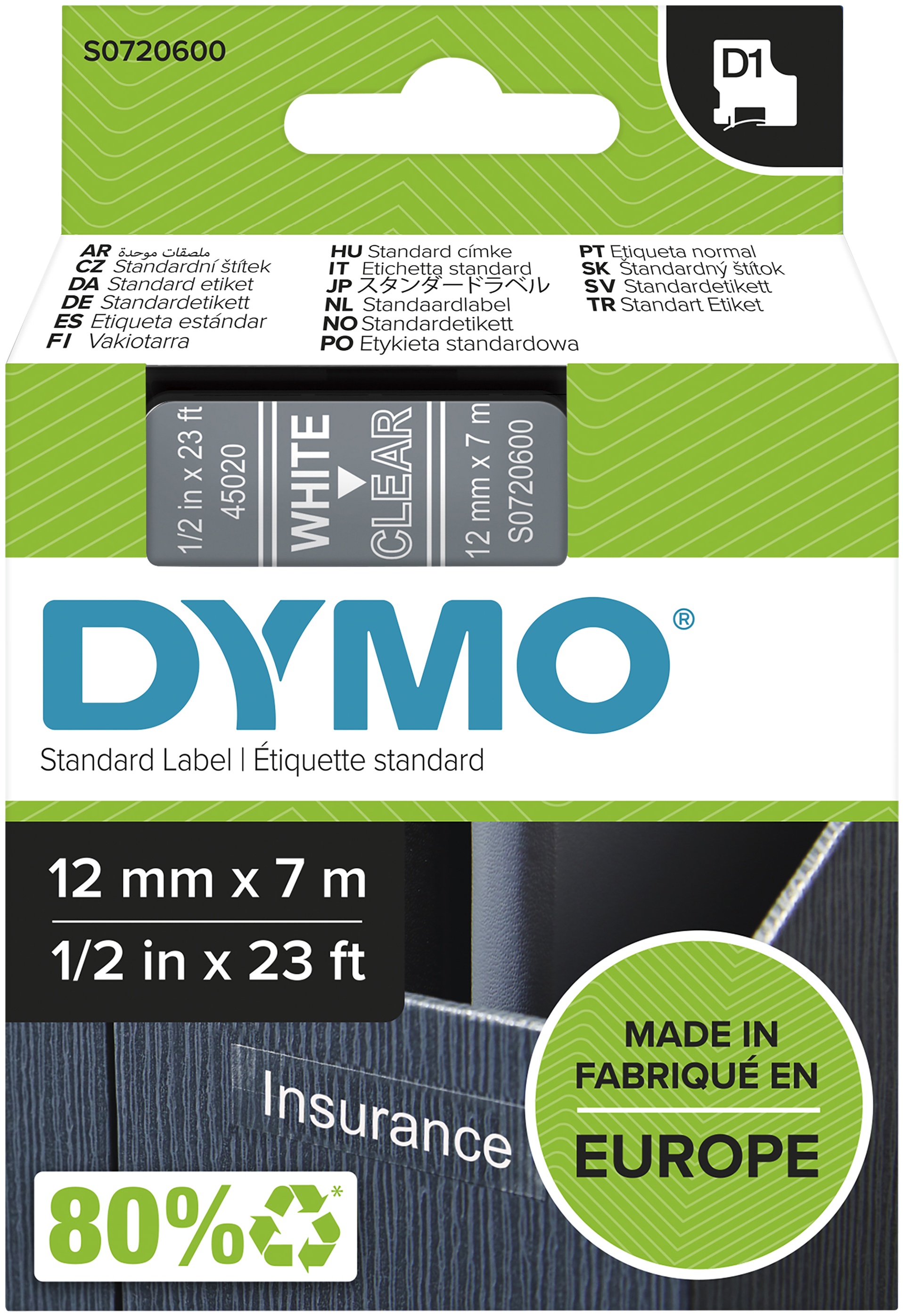 Dymo Schriftband D1 S0720600 | 12 mm | Weiß auf Transparent | 7 m