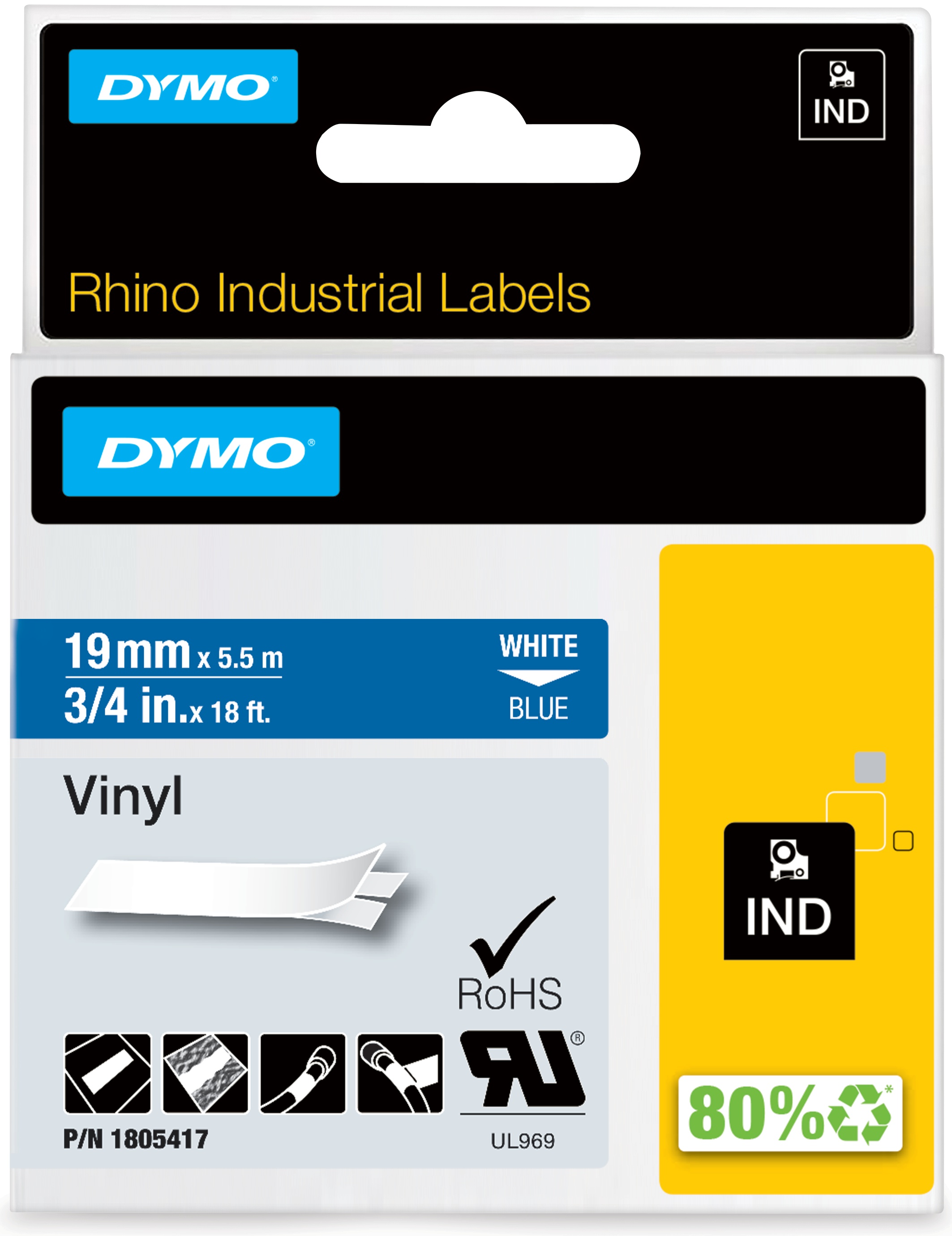 Dymo Schriftband RHINO 1805417 | 19 mm | Weiß auf Blau | 5.5 m
