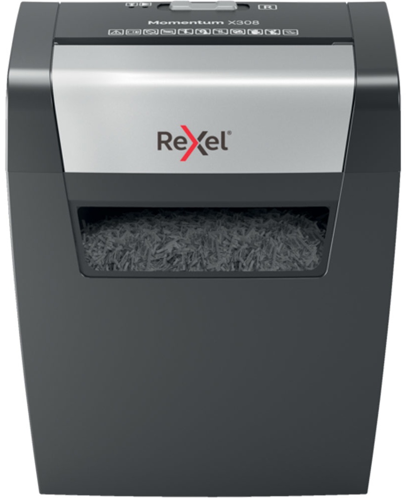 Rexel Momentum X308 Aktenvernichter | P-3 Partikelschnitt | 8 Blatt | 15 l | Schwarz/Grau