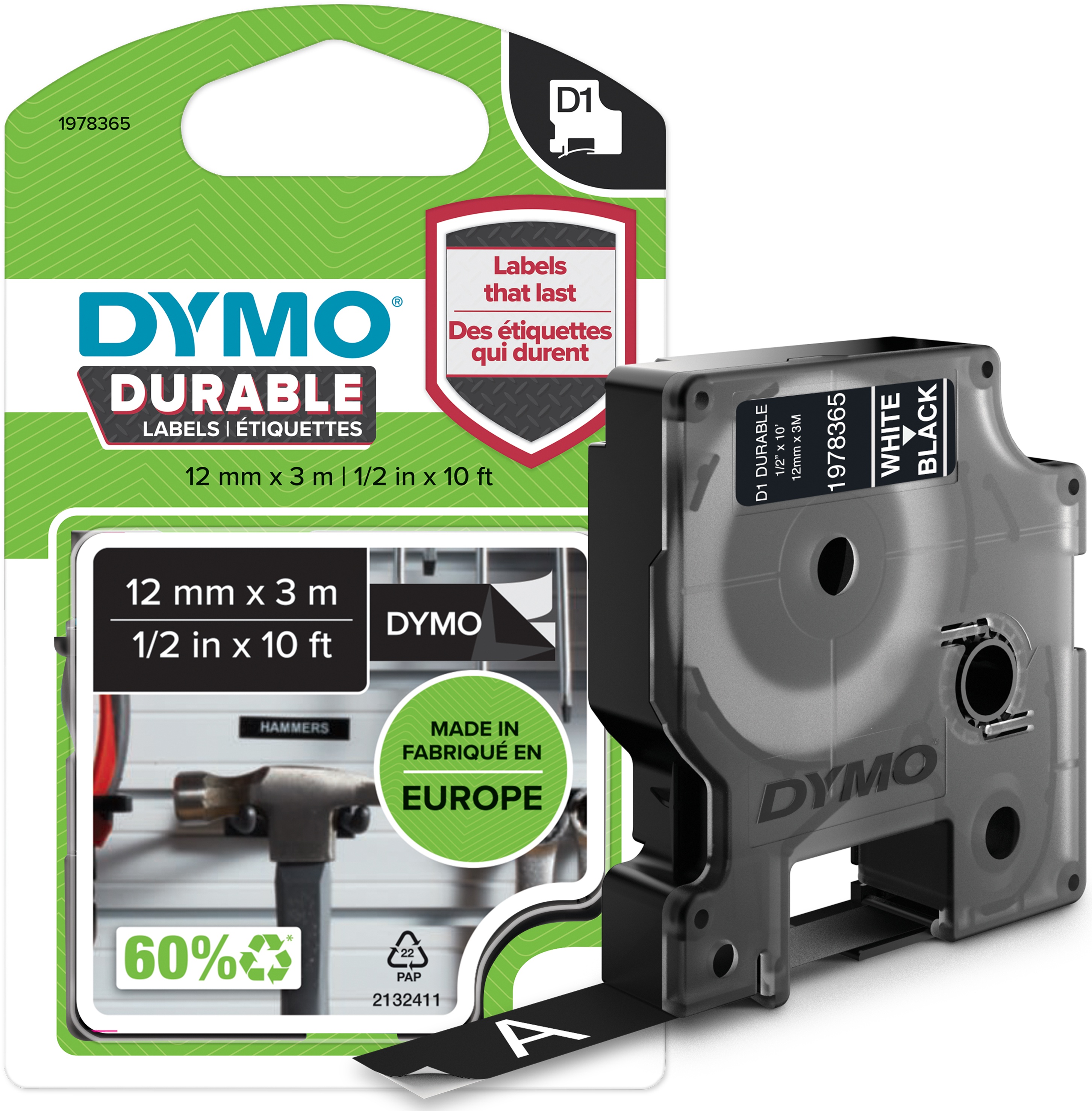Dymo Schriftband D1 1978365 | 12 mm | Weiß auf Schwarz | 3 m