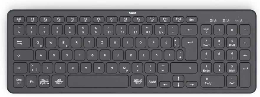 Hama WK-300 Tastatur | Funk + Bluetooth | QWERTZ (DE) | mit Ziffernblock | 2× AAA-Batterie | Schwarz