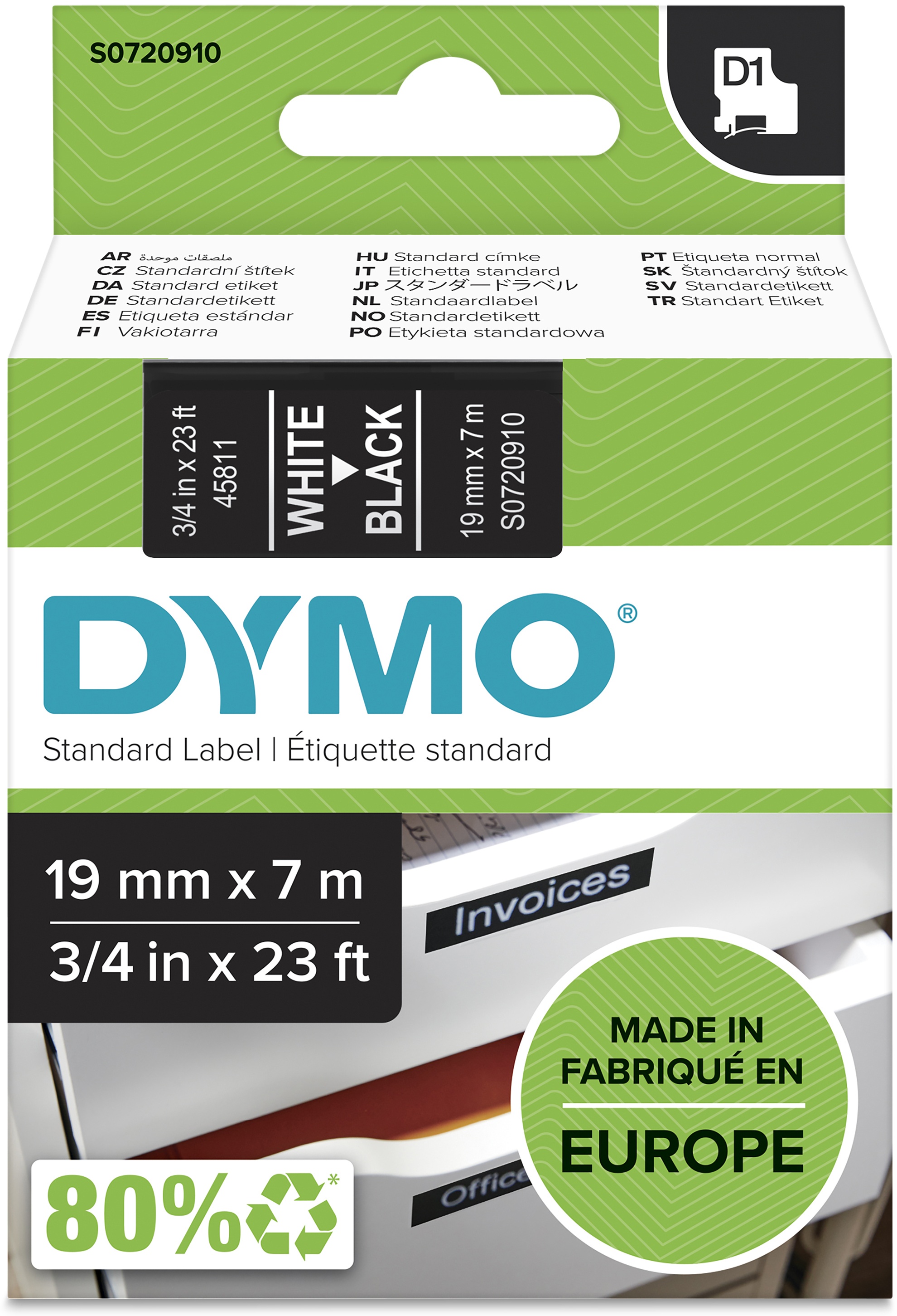 Dymo Schriftband D1 45811 | 19 mm | Weiß auf Schwarz | 7 m