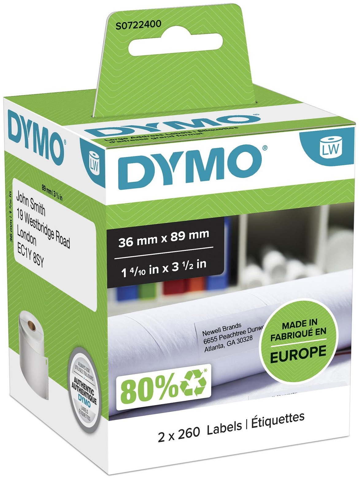 Dymo Etikettenrolle S0722400 (2 Rollen) | 89x36 mm | Weiß