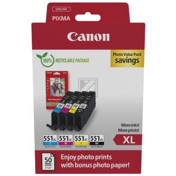 Canon CLI-551 XL C/M/Y/BK schwarz, cyan, magenta, gelb Druckerpatronen + Fotopapier